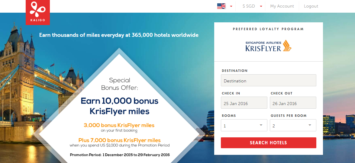 Stay Once for at least 3,000 KrisFlyer Miles on Kaligo