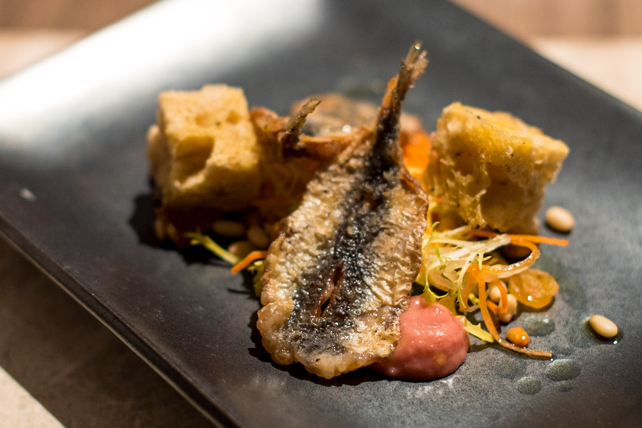Sweet and Sour Sardines, Pine Nut, Raisin, Crisp Herb Bread - Chef's TableDolce Vita - Mandarin Oriental, Singapore