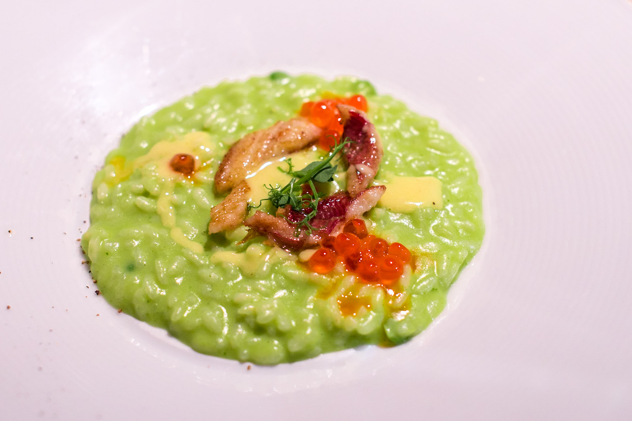 Green Pea Risotto, Smoked Eel, Salmon Roe, Butter Sauce -&nbsp;Chef's TableDolce Vita - Mandarin Oriental, Singapore