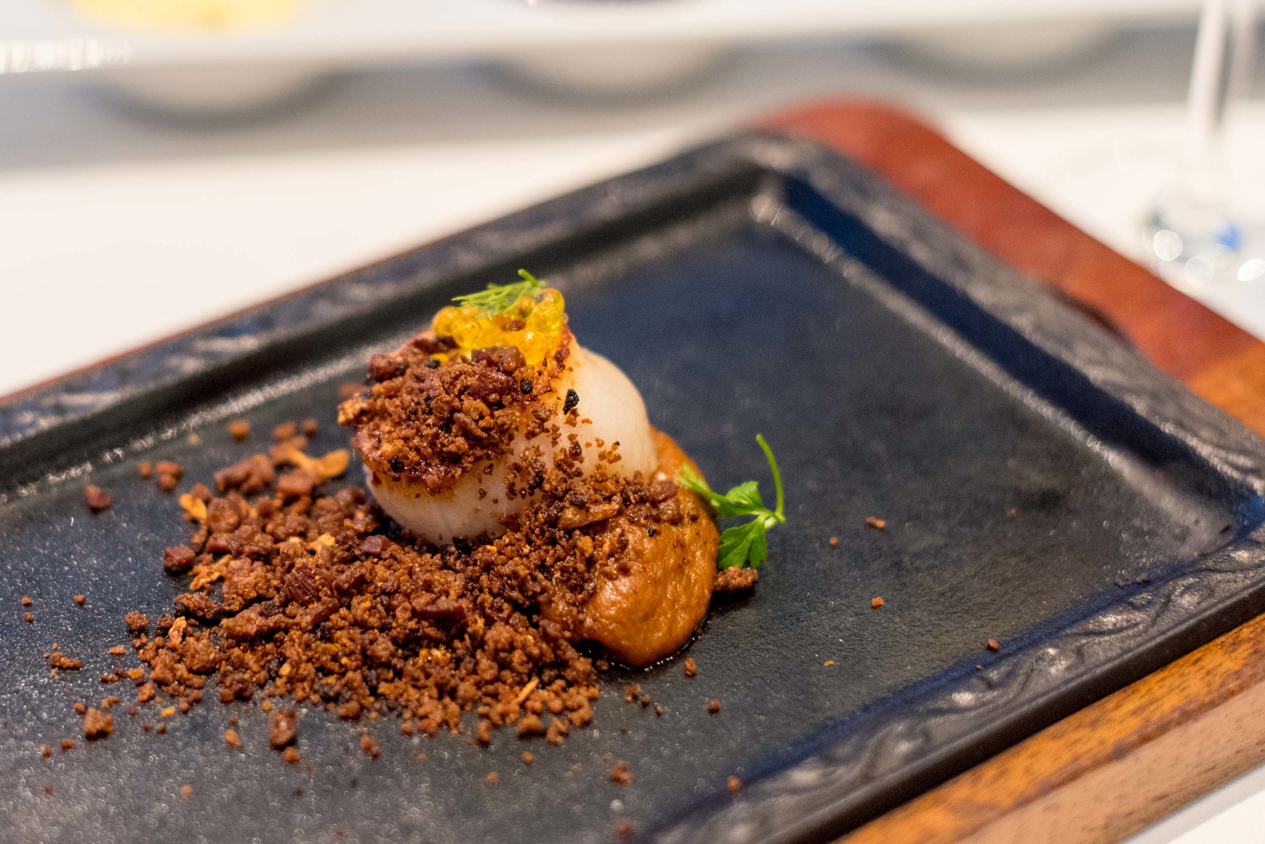 Pan-seared Scallop, “Sofrito” Purée, Chorizo “Migas”, Caviar Oil, DillPool Grill - Singapore Marriott Tang Plaza