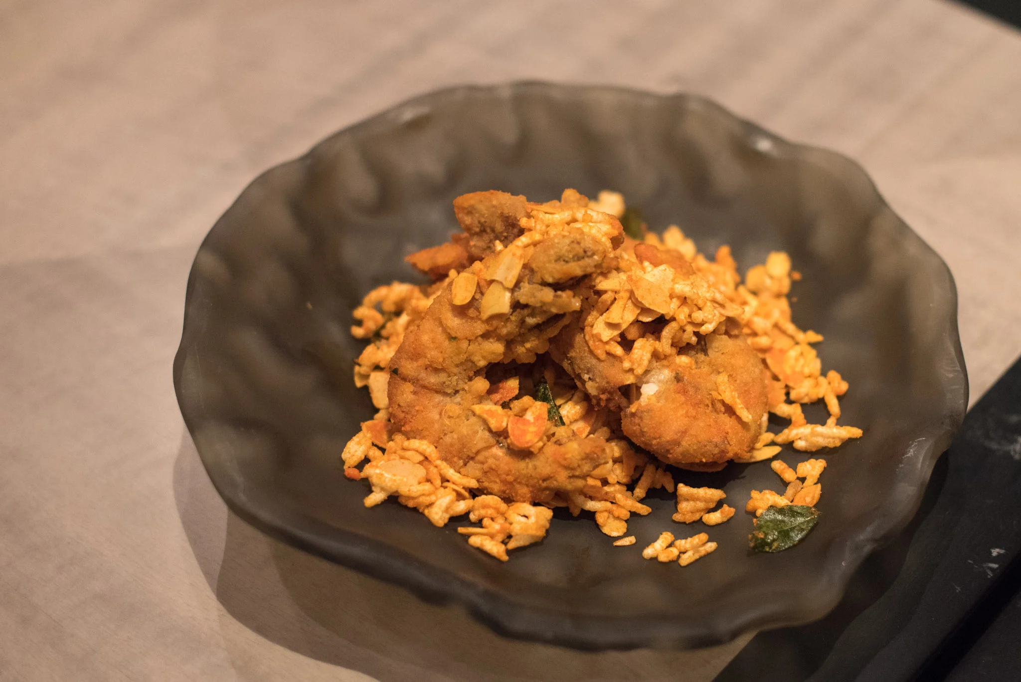 Soft-shell Prawns with Sliced Almond and Crispy Rice (S$15++) Jiang-Nan Chun - Four Seasons Hotel Singapore