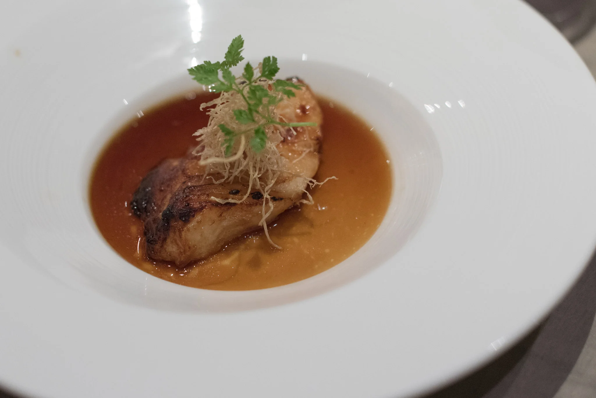 Baked Sea Perch on Egg Custard, Ginger and Supreme Broth (S$25++) Jiang-Nan Chun - Four Seasons Hotel Singapore