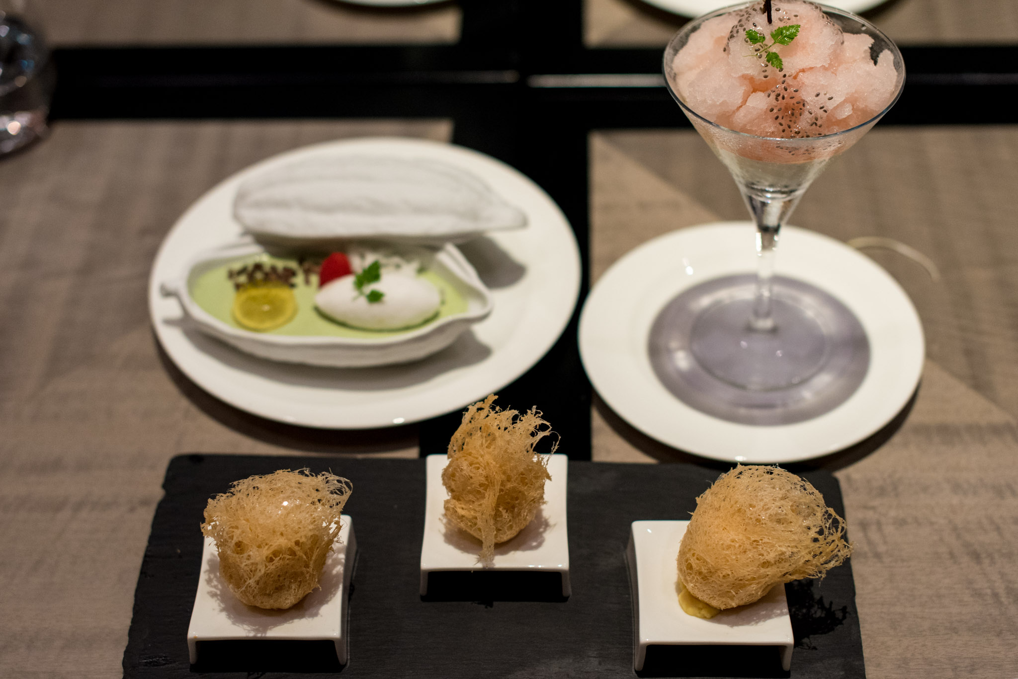 From Top Left (Clockwise):&nbsp;Avocado Cream, Coconut sorbet, Osmanthus Jelly and Cocoa Nibs (S$14++),&nbsp;Yoghurt Cream, Mung Beans, Longan, Chia Seed, Sour Plum Granite (S$14++) and Crispy Salted Egg York Puff Pastry with Almond (S$12++)Jiang-Na…