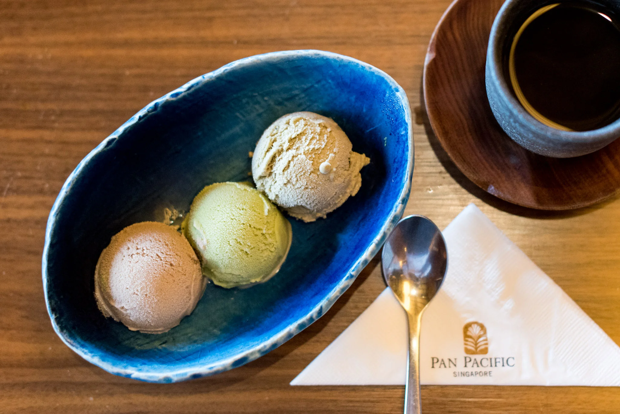 Mugicha (Roasted Barley Tea), Sencha (Green Tea) and Hojicha (Roasted Green Tea) Ice Cream Keyaki - Pan Pacific Singapore