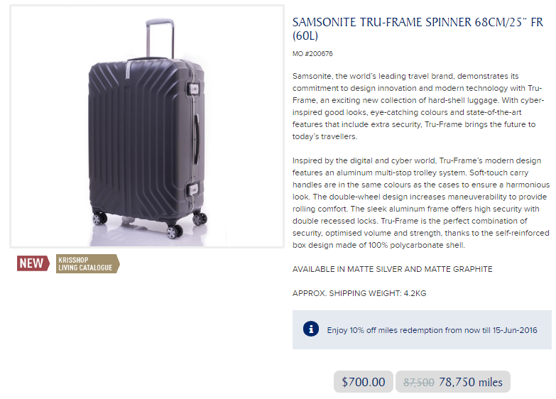 Redeem for Samsonite Luggage with KrisFlyer Miles | Photo Credit: Singapore Airlines