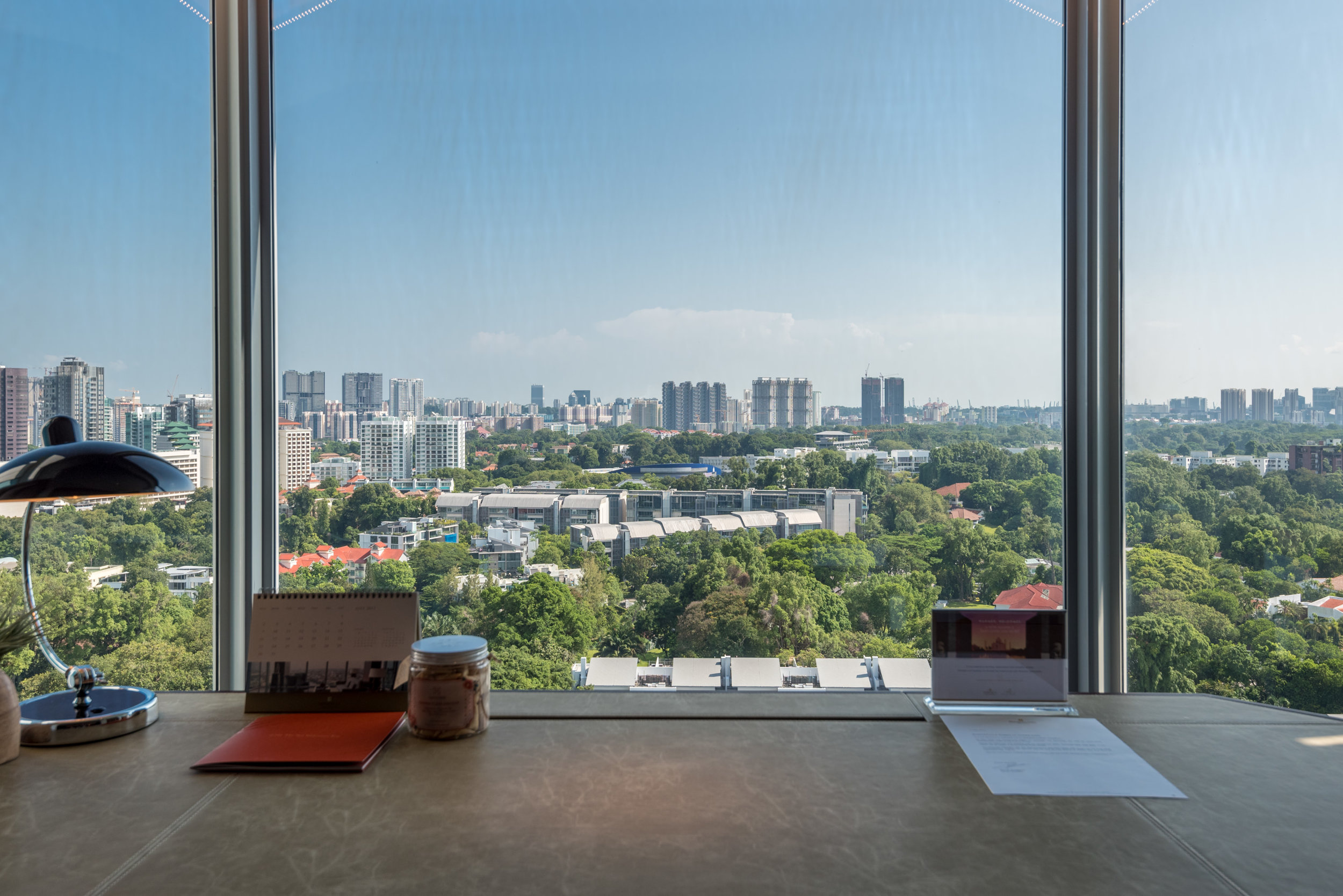 Work Desk and View from the Room Tower Wing Horizon Club Deluxe Room - Shangri-La Hotel, Singapore