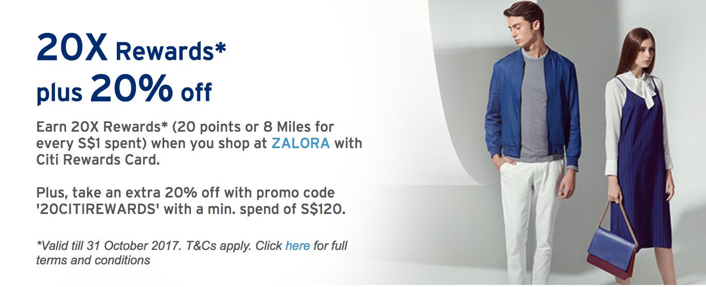 Citi Rewards Card offers 8 Miles (20X Rewards) per Dollar on Zalora Spend - Valid until 31 October 2017