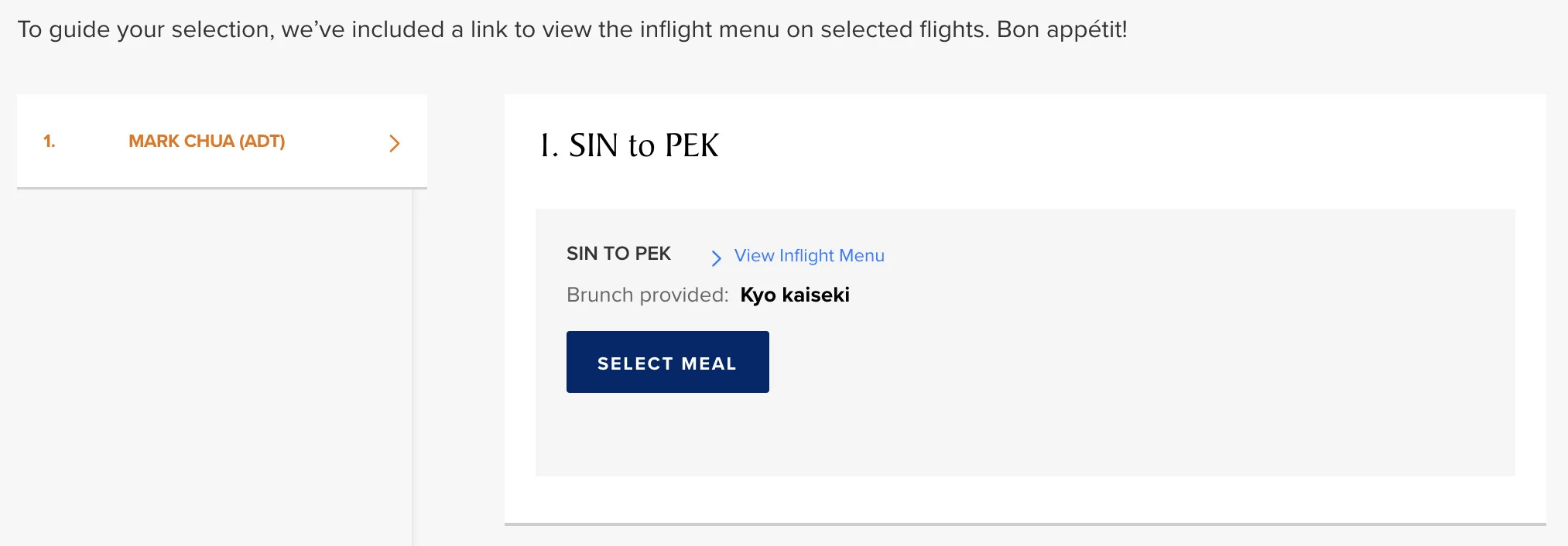 Singapore Airlines Inflight Menu (Suites) SIN-PEK