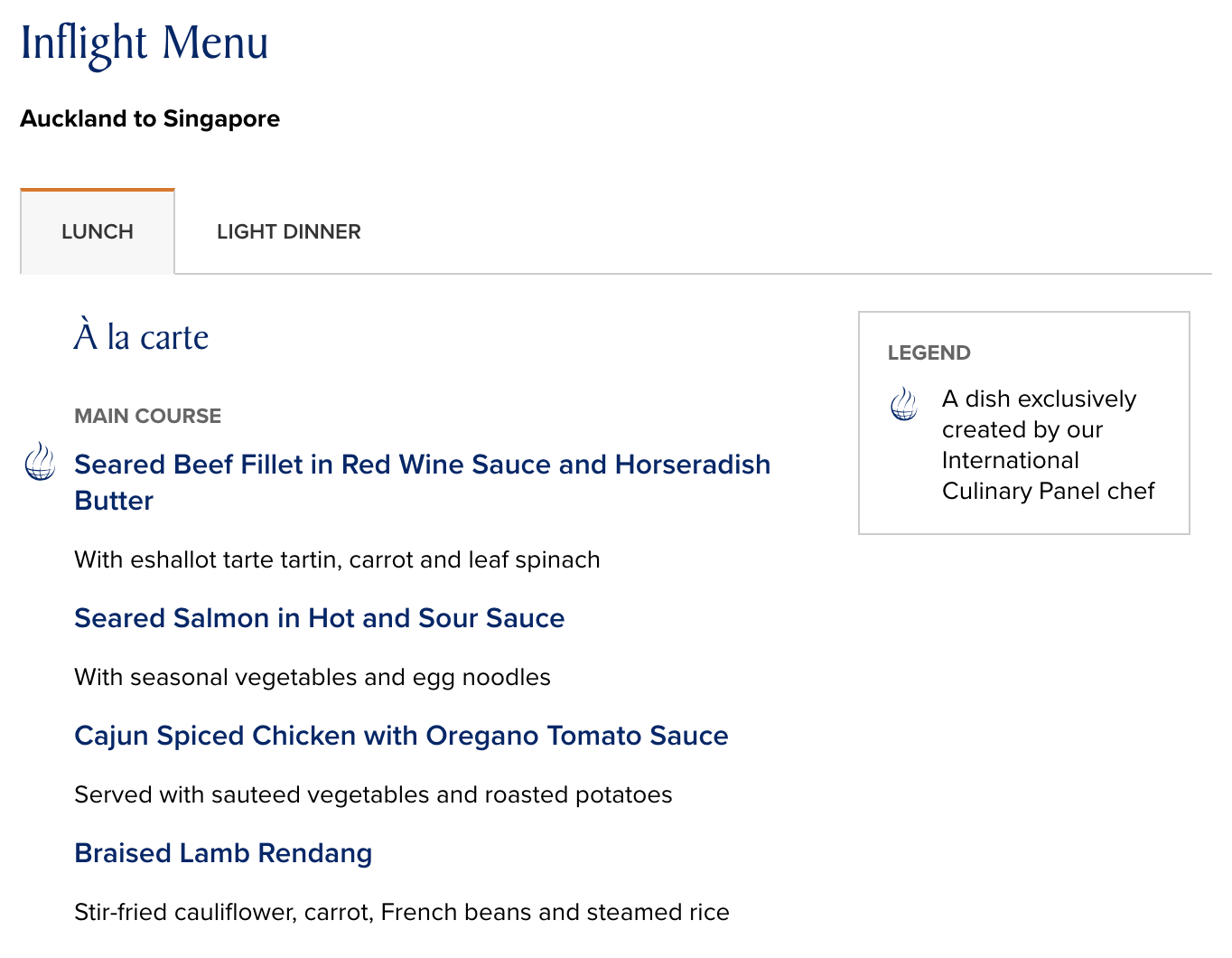 Singapore Airlines Inflight Menu (Business Class) AKL-SIN