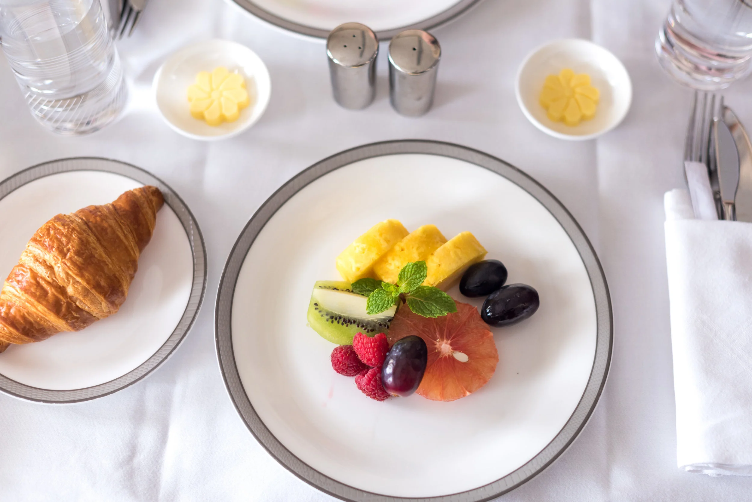 Selection of Sliced Fresh Fruits and Croissant - Brunch Service Singapore Airlines Suites SQ802 A380-800 - SIN to PEK