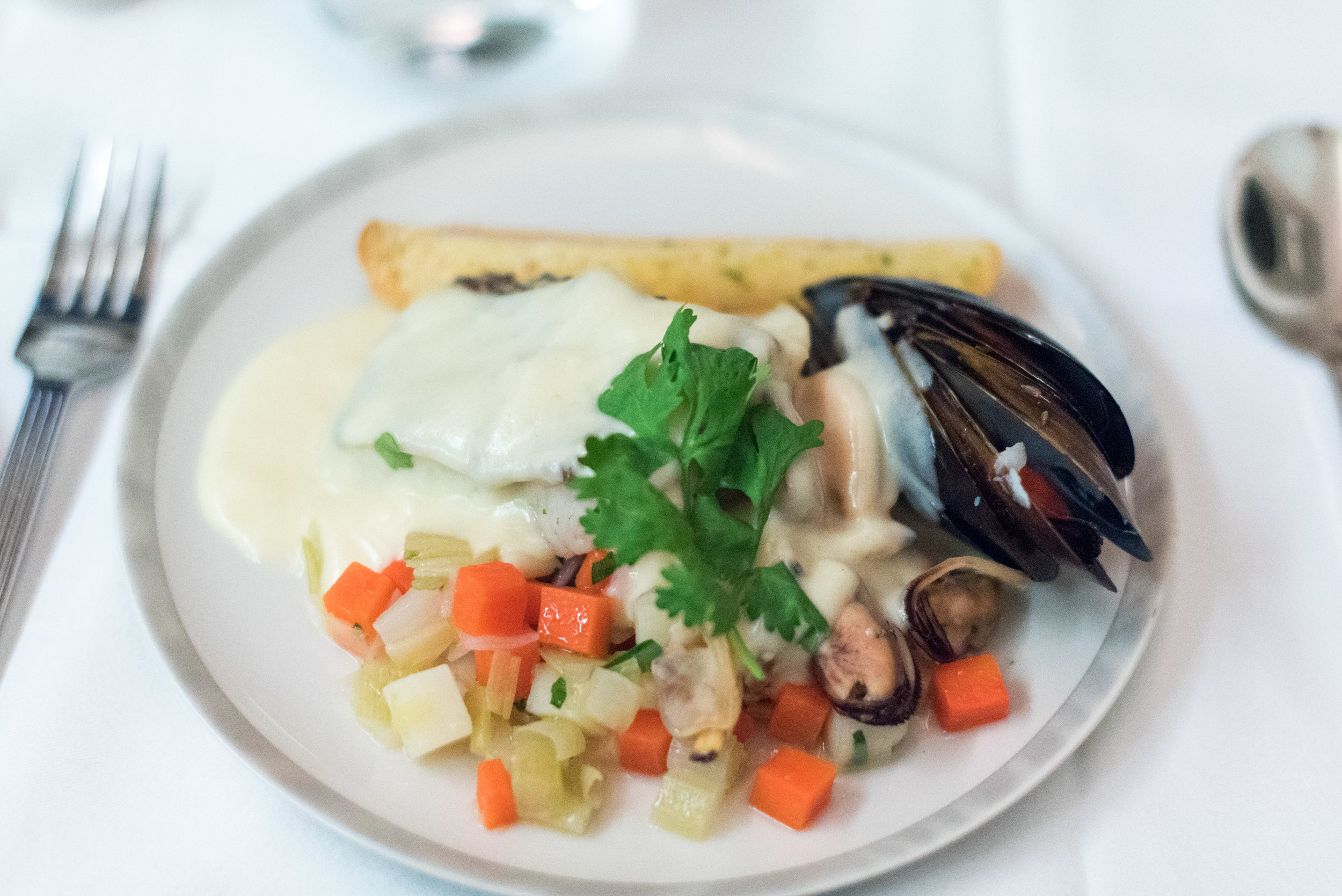 Grilled Chilean Seabass (Book the Cook) - Dinner Service Singapore Airlines Business Class SQ285 A380-800 - SIN to AKL