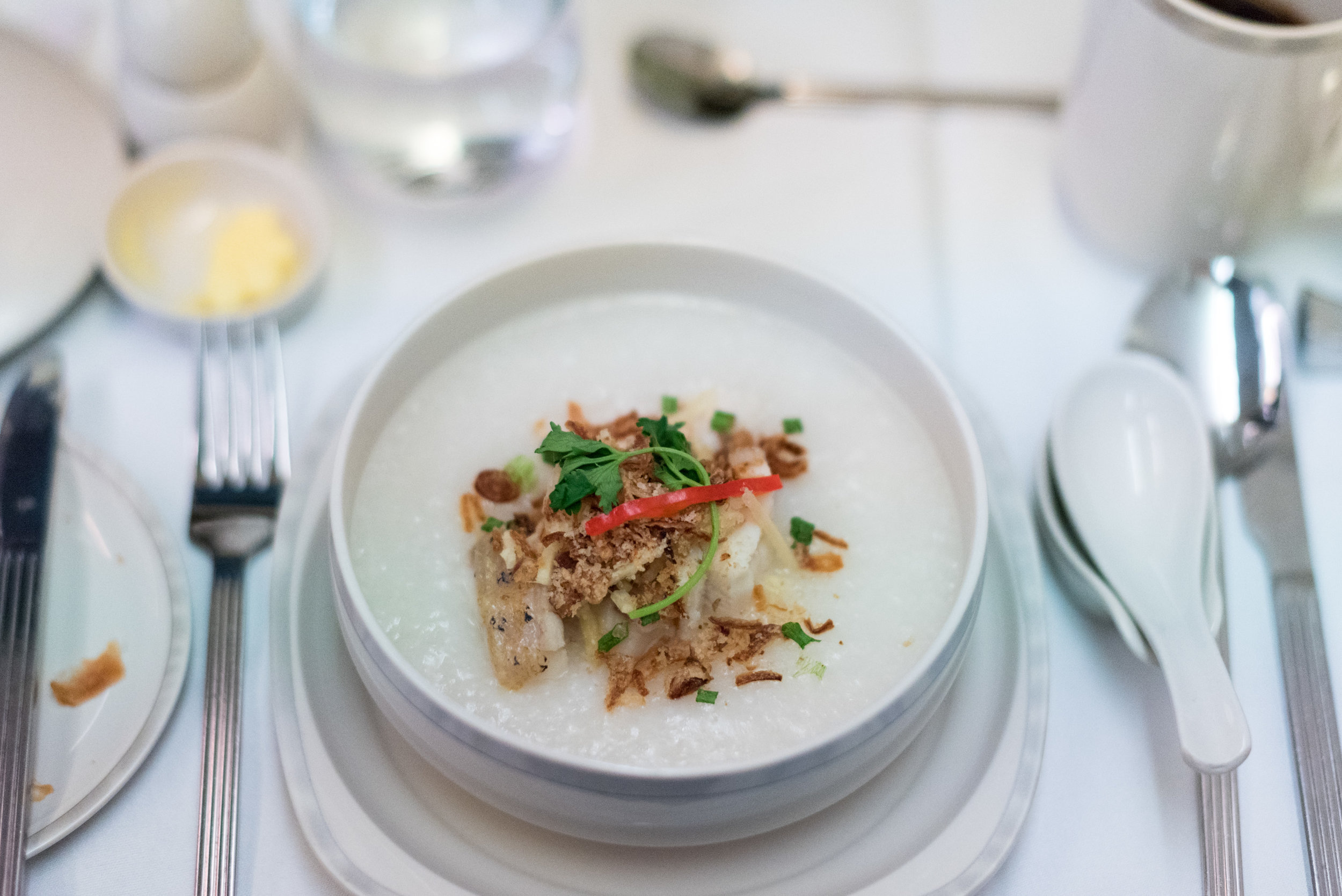 Fish Congee (Book the Cook) - Breakfast Service Singapore Airlines Business Class SQ285 A380-800 - SIN to AKL