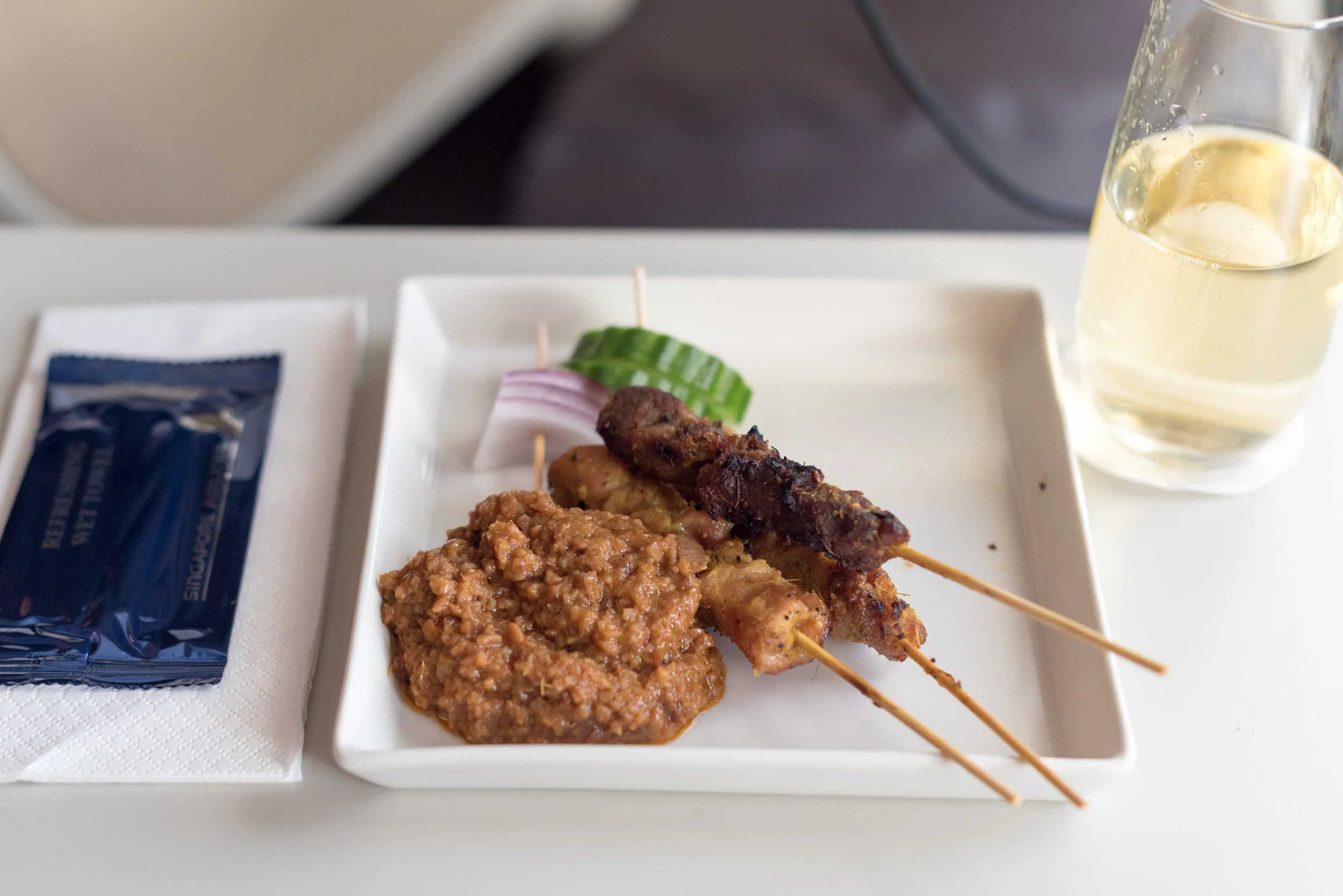 Singapore Chicken and Lamb Satay - Lunch Service Singapore Airlines Business Class SQ286 A380-800 - AKL to SIN