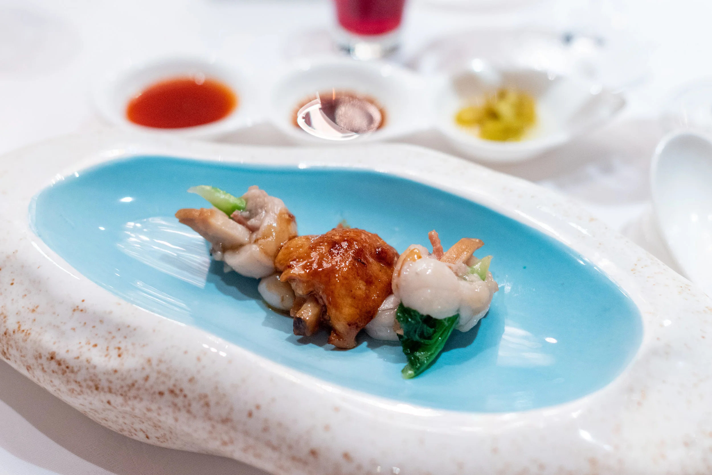 Sautéed Boneless Chicken Wing and Frog Leg Skewer with Abalone, Seasonal Vegetables and Yunnan Ham (鲍鱼玉簪鸳鸯鸡) The Chef's Table at Shang Palace - Shangri-La Hotel, Singapore