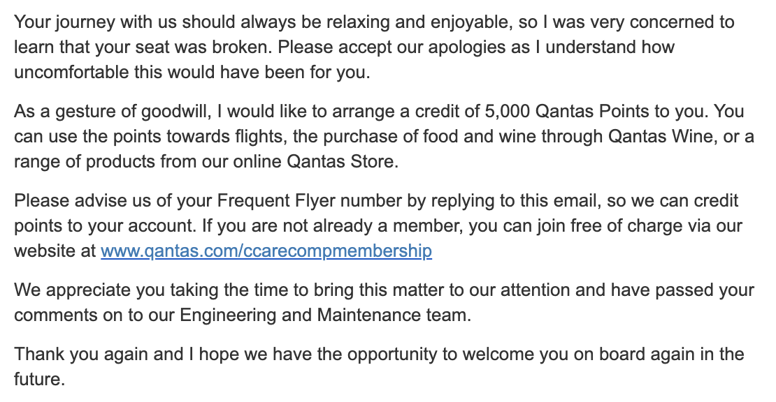 Email from Qantas Customer Care