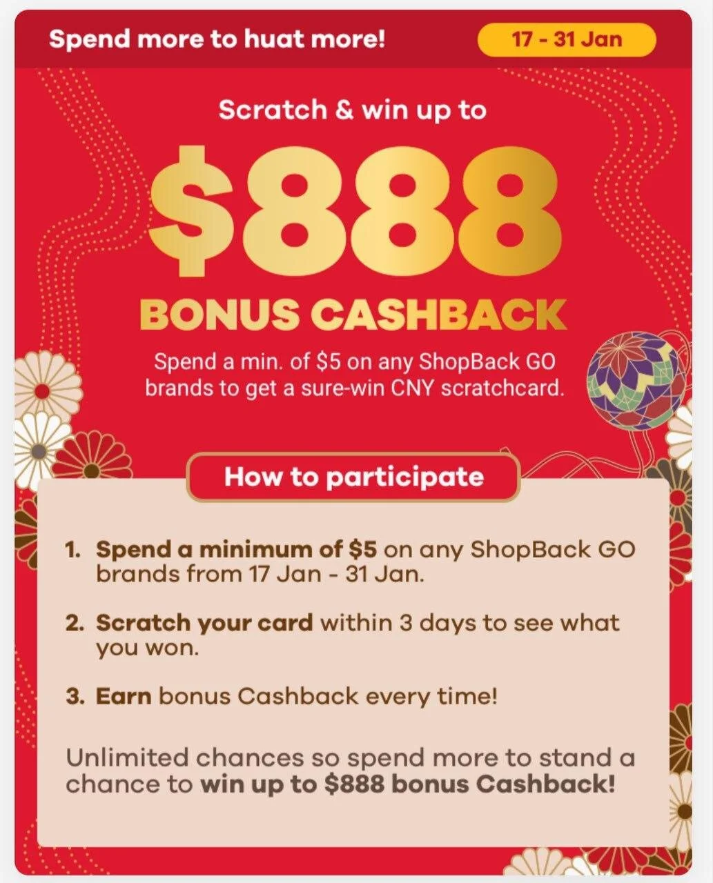 Get up to S$888 Bonus Cashback on ShopBack Go With Every Transaction (S$5 Minimum) - 17-31 January 2020 Only!
