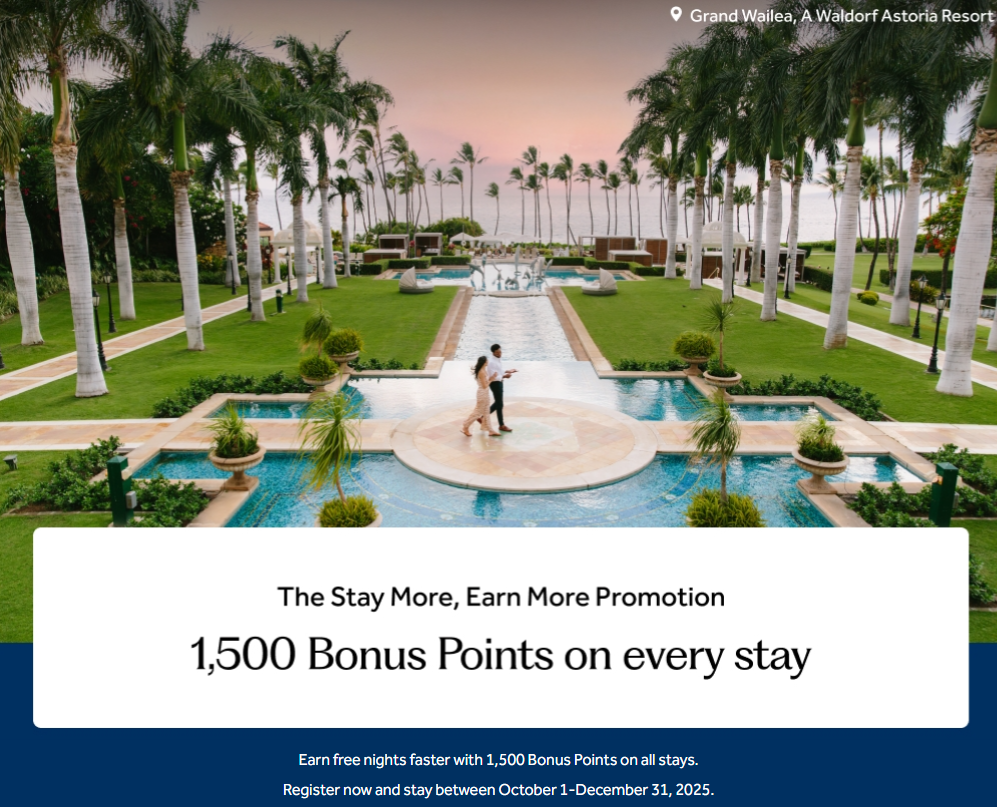 Hilton Honors: Earn 1,500 Bonus Points per Stay from 1 October to 31 December 2025