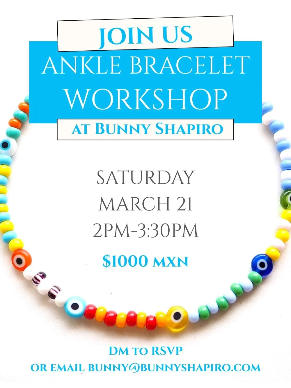 Come make your own custom #anklebracelet Saturday March 21, 2pm-3:20pm.  Choose from a world class assortment of glass beads to make your #anklet.  You will also learn basic #bracelet clasping, bead stringing, and composition. $1000 mxn per person, 6