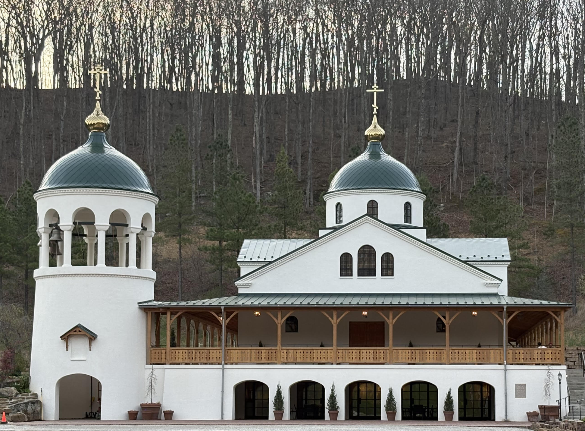 Soaring Orthodox crosses at monastery in a holler in the mountains of West Virginia