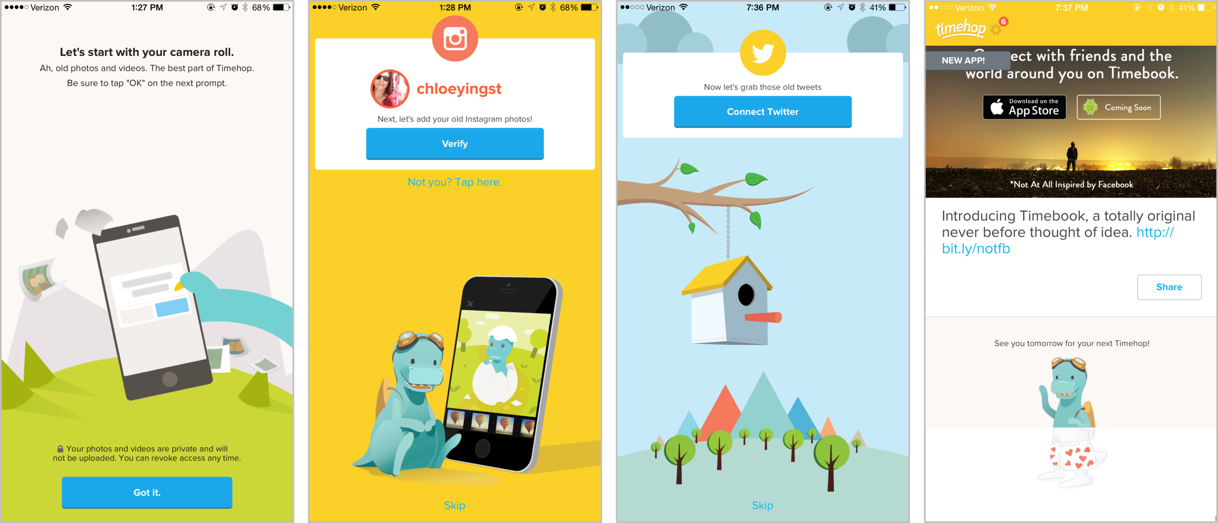 TimeHop ’s mascot, Abe, is a time traveling dinosaur wearing a backpack and goggles. In addition to on boarding illustrations, when you pull to refresh your feed, Abe pops up out of no where and spins the loader animation for you.