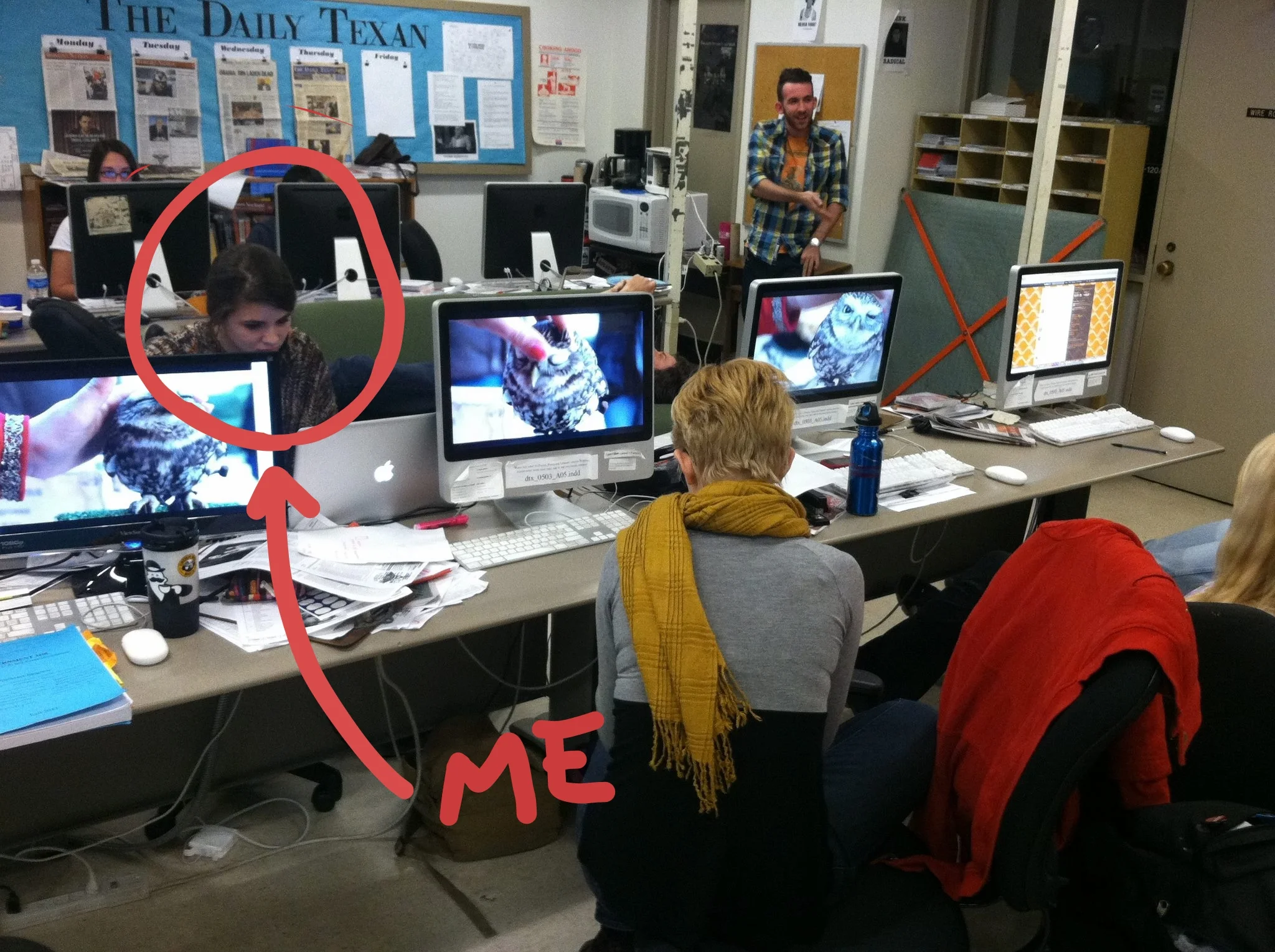 Me working at the Daily Texan as a Senior Designer in 2011. I had brought in my Macbook Pro and Wacom so I could work on a feature illustration while waiting for the articles to come in. Photo by Jaime Cheng.