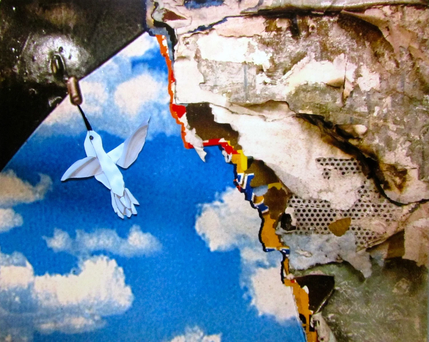 How to Attract Hummingbirds , 2014 (stained glass and paper on plexiglass) 16” x 20"