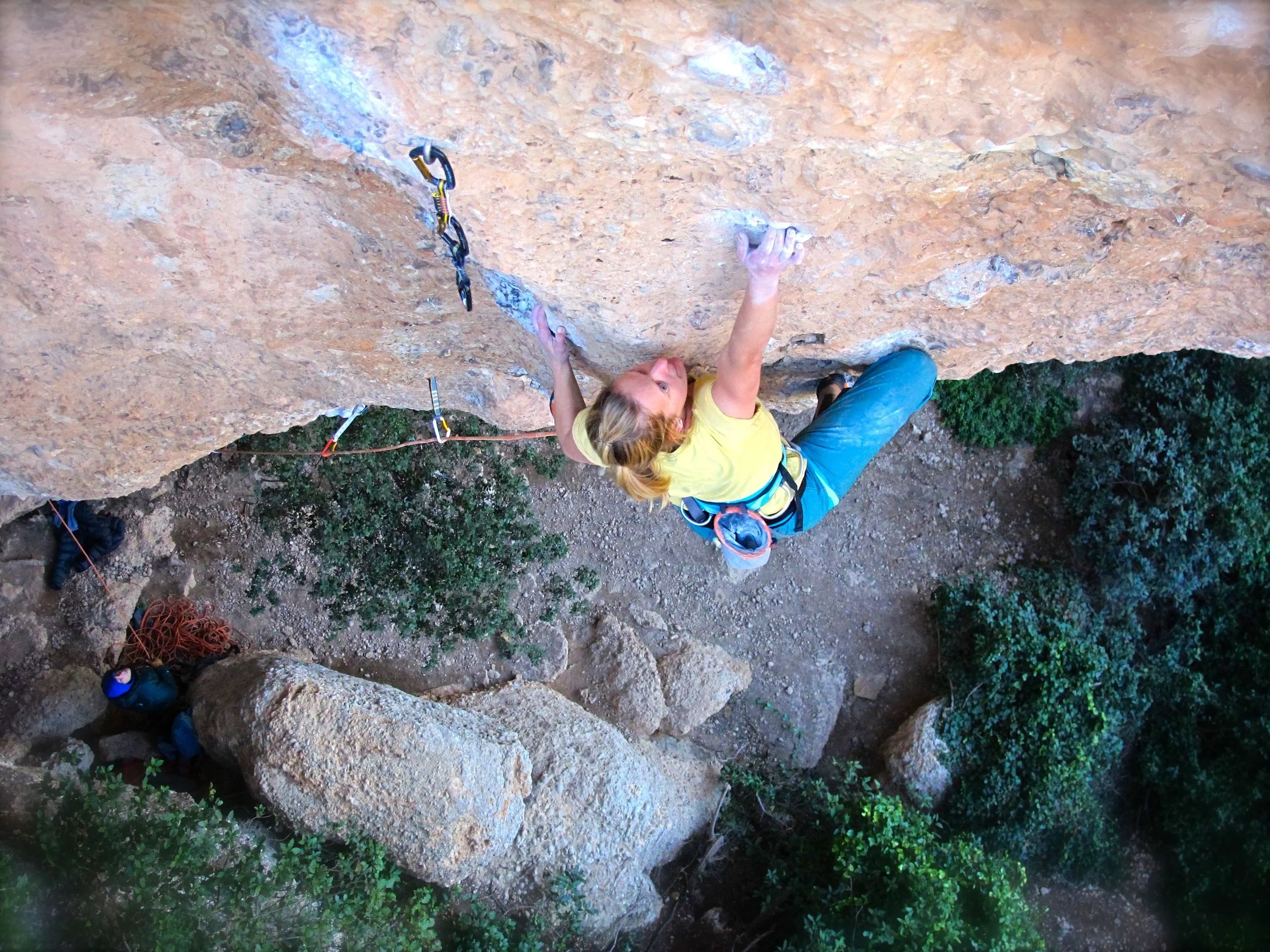 Naomi on her ultimate anti-style route - steep burly climbing of Magic Festival 7c. Next time! Photo by Chris Flowers, Canon G11.