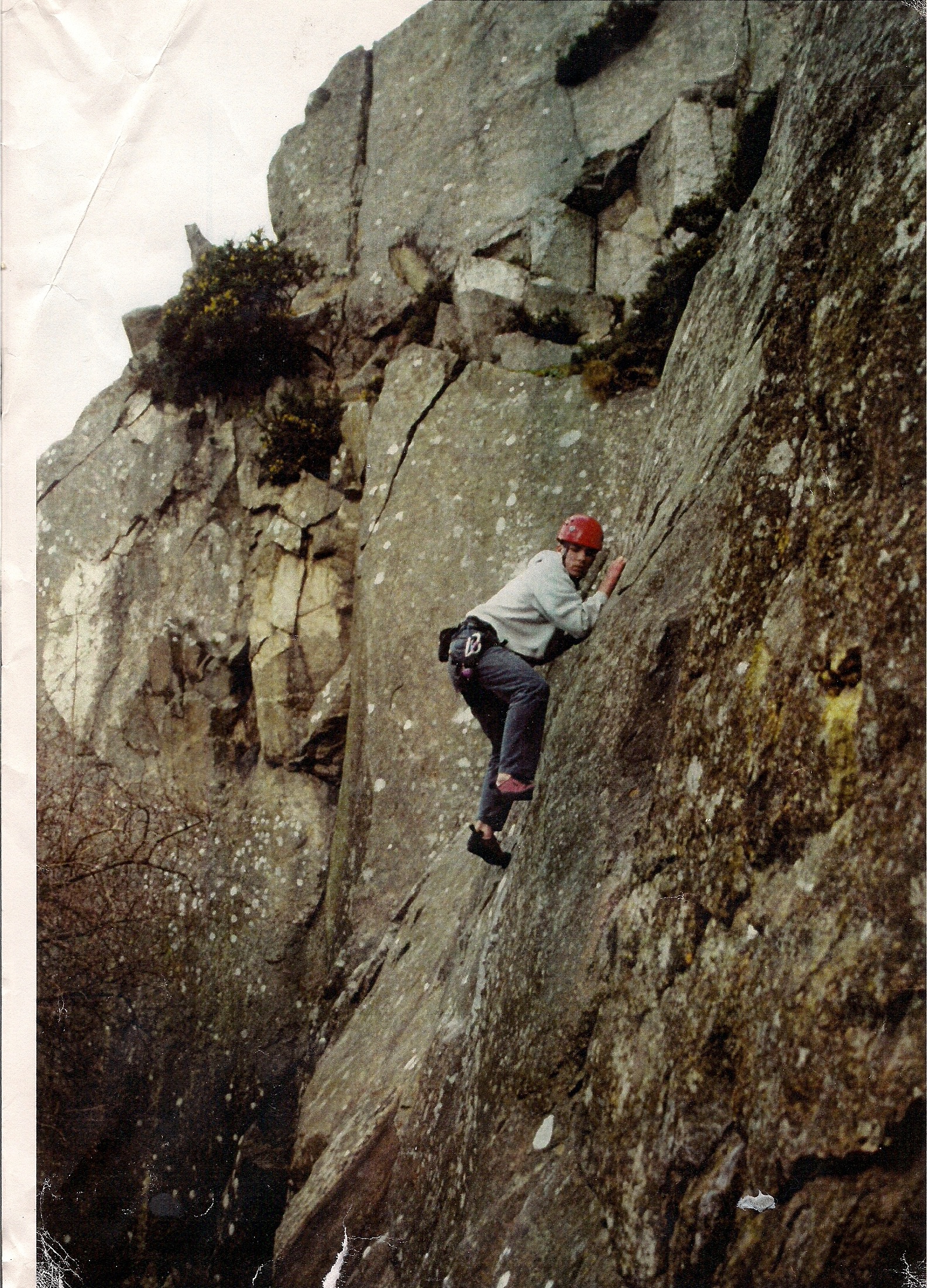 A younger self solo-ing in Dalkey quarry, E1 and no idea of the name (I've never really cared for names on forgettable routes). Glad to see I had sense to wear a helmet, especially after the last link !