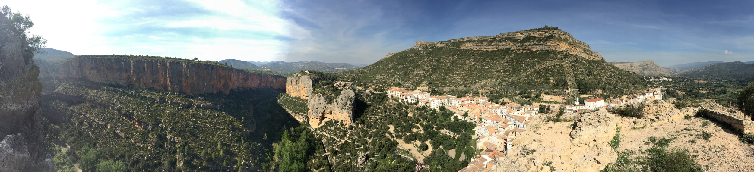 From the castle ruins overseeing Chulilla looking out into the main valley. The refugio is the house in the top left right above the original climbing area from the 70's.
