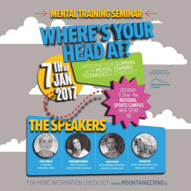 Speakers included John Belton (No17 Personal Training), Anne-Marie Kennedy (SportsYogaIreland), John O'Regan (Irish ultra-runner) and Hazel Findlay (International Professional Climber) Note: compliments to Trish Fox Designs for the artwork