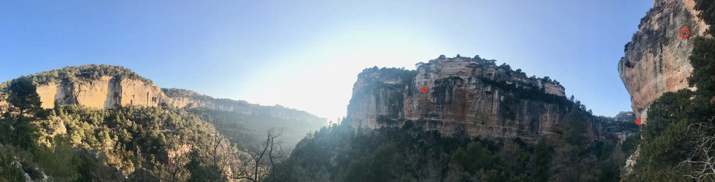 Siurana's incredible valley crags. Again, circling the climbers to give sense of scale and perspective.