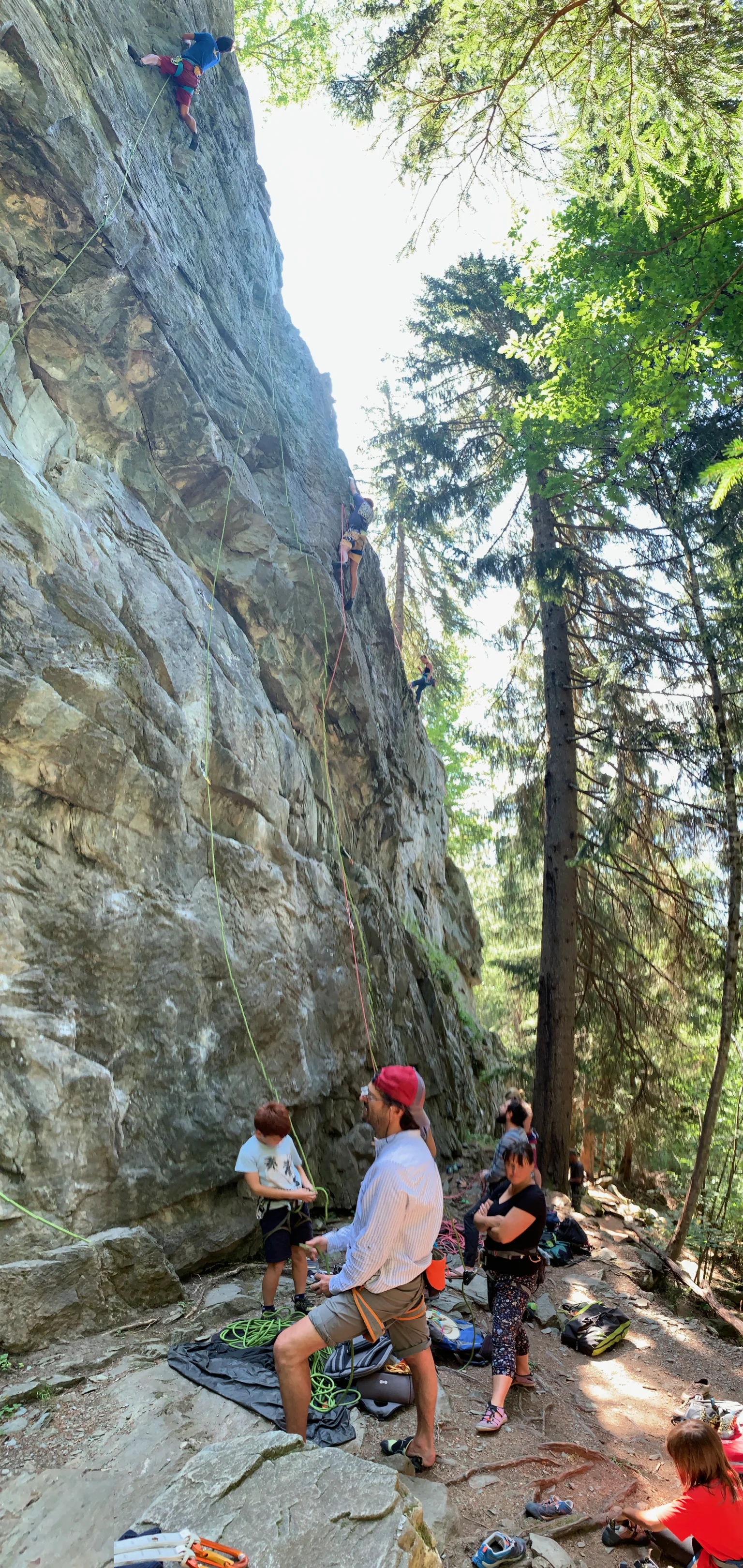 Re-acquainting ourselves with roc climbing at a busy crag above Chamonix