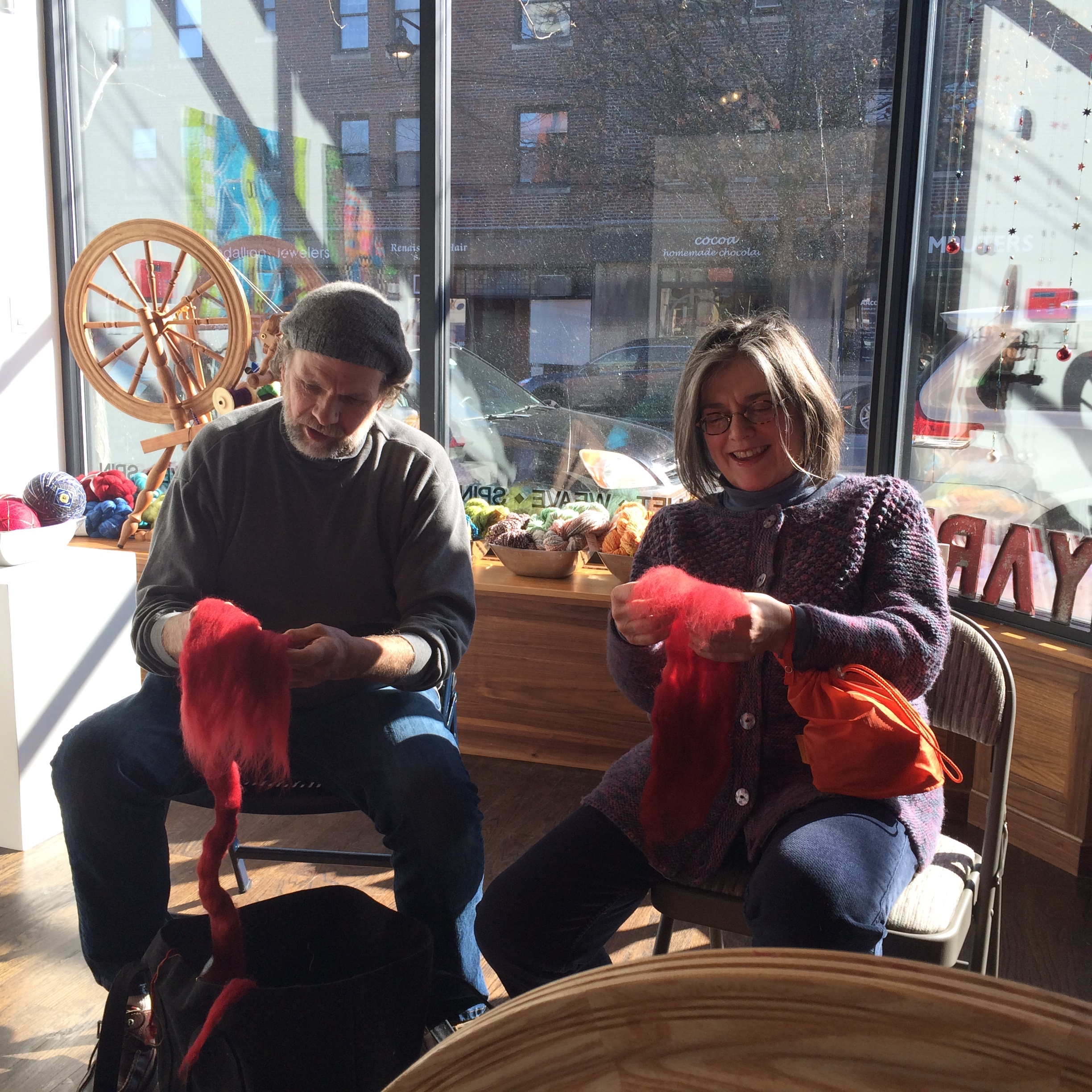 Ann and Rob prepping fiber at the Spin Along at Etui Fiber Arts, Feb. 2015