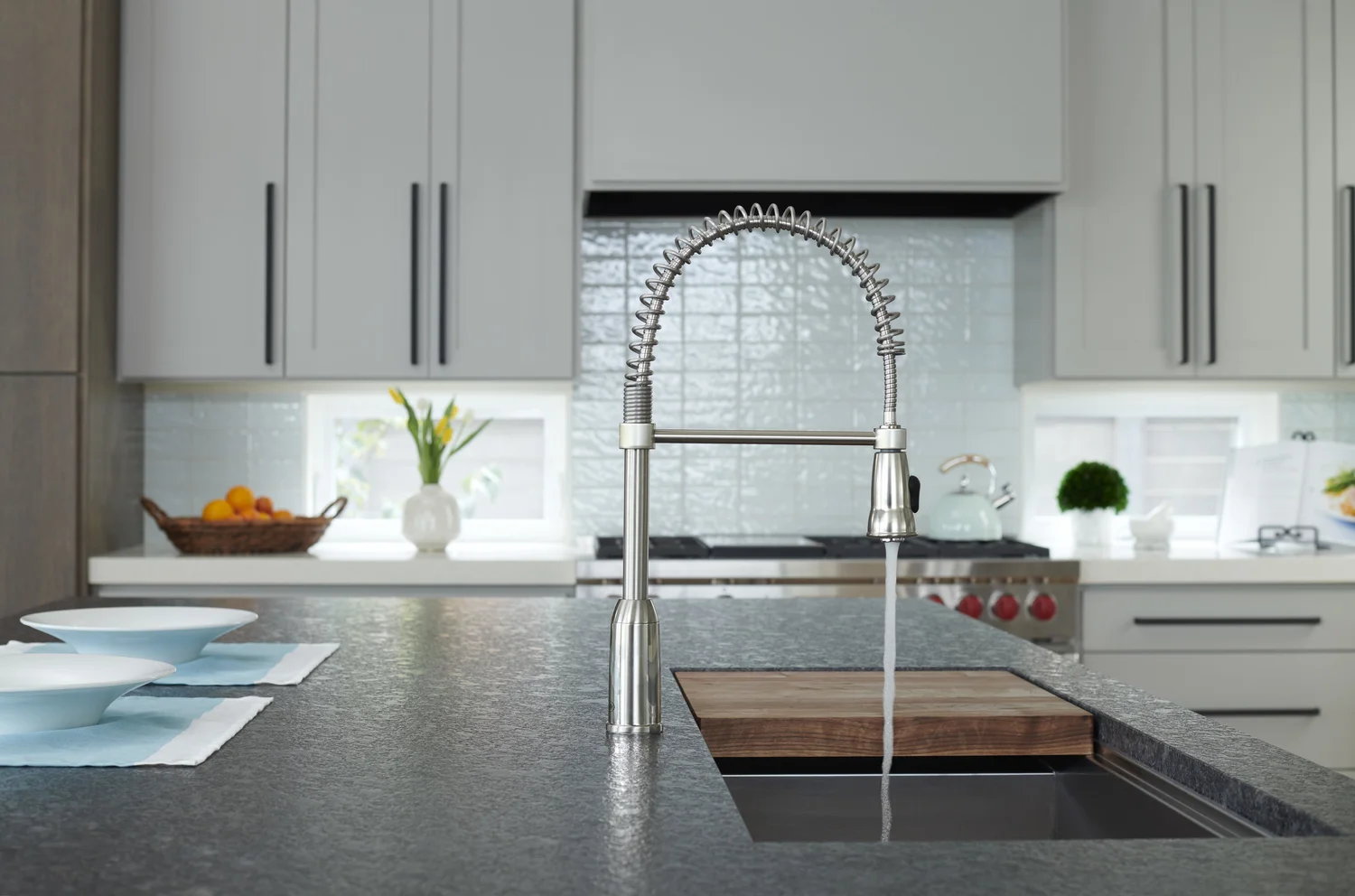 Pacific Bay Rainier kitchen faucet in satin nickel