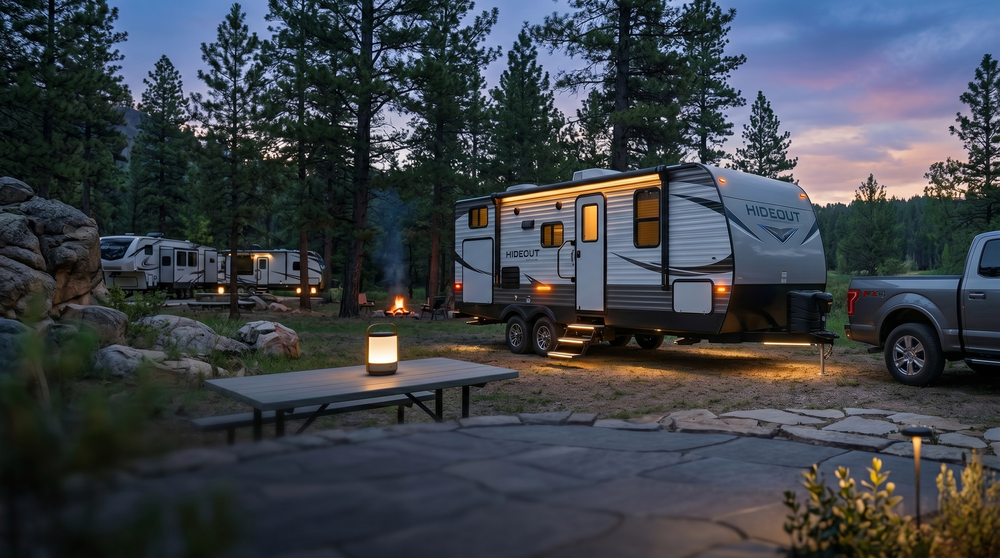 An RV lit at dusk with Lumitronics lighting
