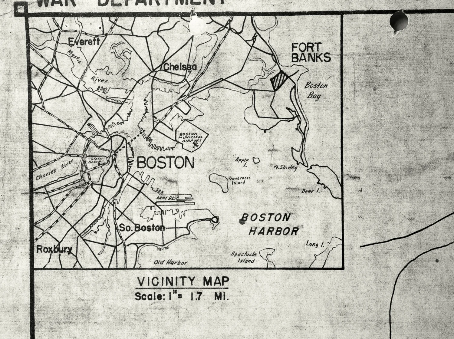 Map Detail, Boston Harbor. “A map detail depicting Boston Harbor and positioning Fort Banks in Winthrop in relationship to the city of Boston.” c. 1970; Records of the Public Building Service 1932-1978, RG 121, NARA Boston.