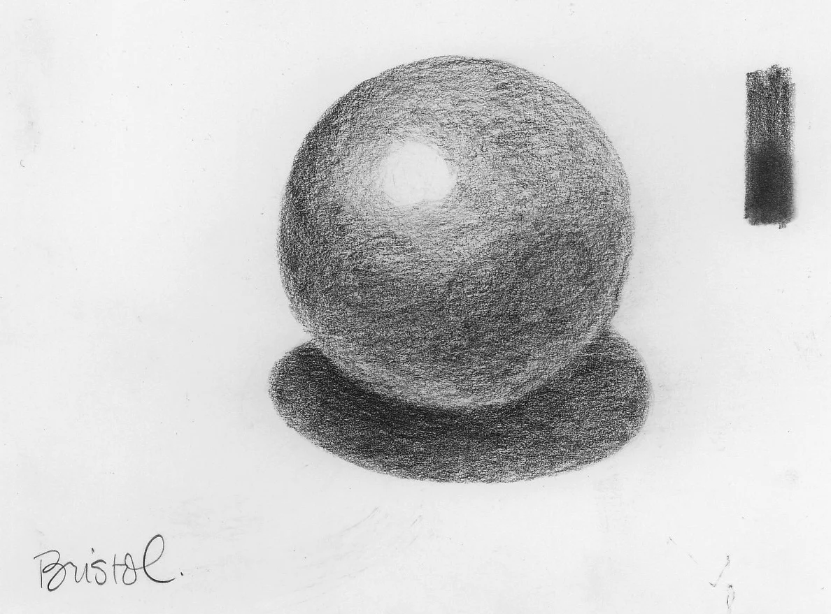 Graphite on Bristol paper. The test strip on the top left show the effect of using a blending stump on this surface (bottom half).