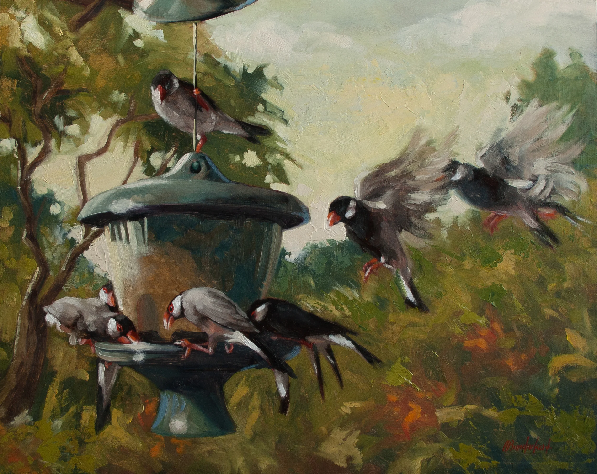 A Host of Java Sparrows, 16x20-in, Oil on cradled board