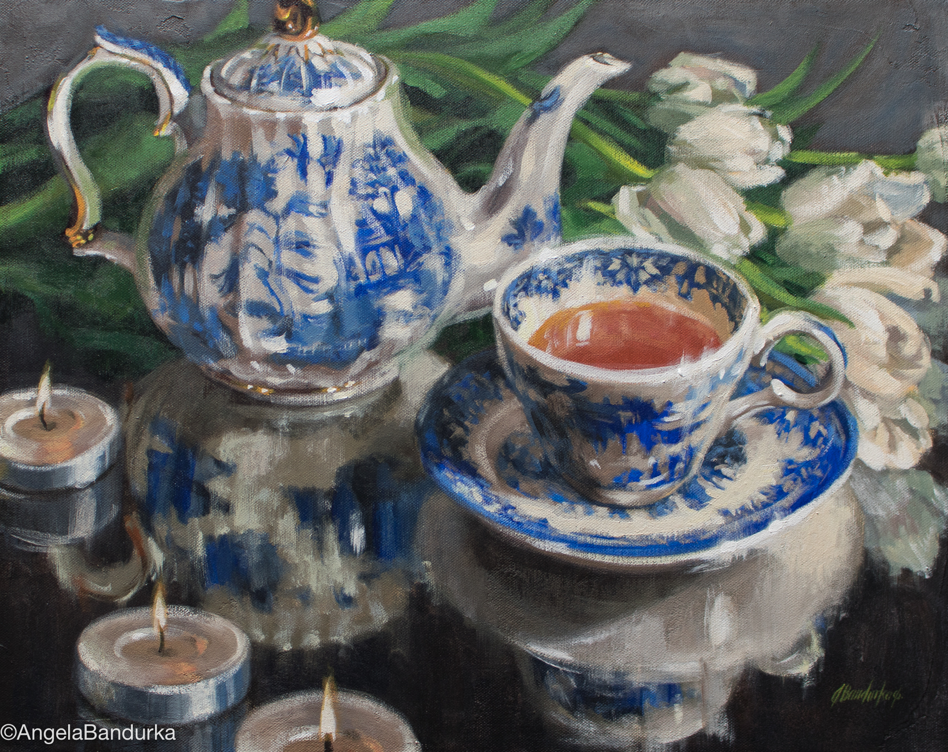 Reflecting Over Tea, 16x20-in., acrylic. Contact Cole Gallery for purchase info.