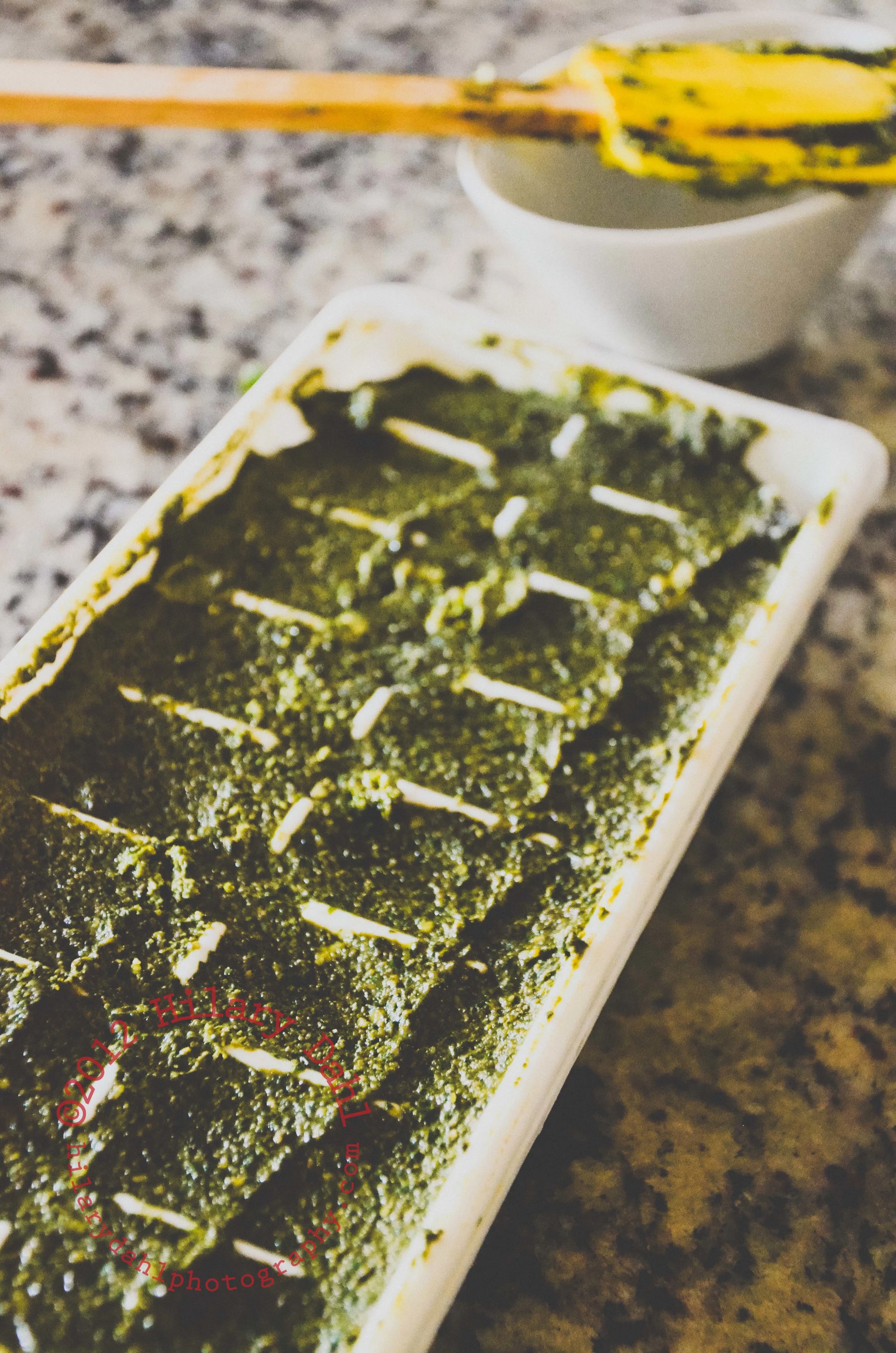 Freeze pesto in ice cube trays for ease of use.
