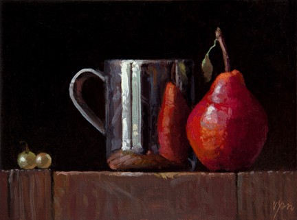 Still Life with Silver Cup, Red Pear, and Two Muscat Grapes, by Abbey Ryan