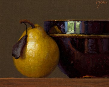 Still Life with Bowl and Pear with Leaf, by Abbey Ryan