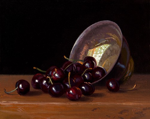 Still Life with Cherries and Silver Bowl, by Abbey Ryan