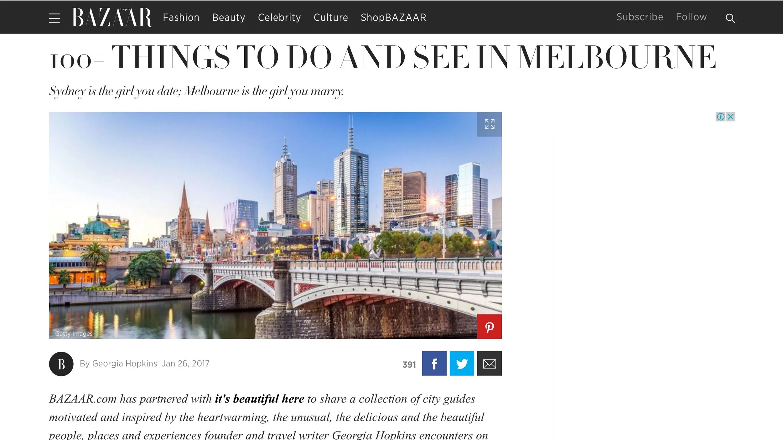 Harpers Bazaar US | 100+ Things to do and see in Melbourne | January 2017.