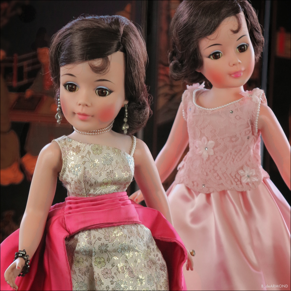 Embassy Tea, on the right, was the last outfit produced of Jacqueline. Intended for the 1963 season, the mid season 1962 cancelation of Jacqueline left most of these gowns off the store shelves and in stockrooms.
