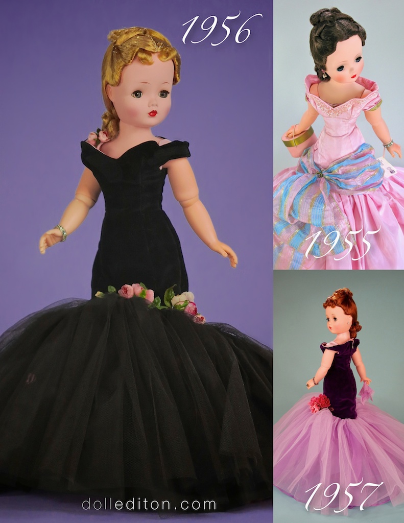 Left is Cissy in the 1956 No. 2046 dramatic black velvet and layers of black tulle accented with pink roses. Top right is Cissy in the extravagant 1955 No. 2100 mauve taffeta with metallic ribbon bow accent. Bottom right is the 1957 No. 2174 purple velvet with layers of lilac tulle - a beautiful cluster of roses accent the gowns flounce.