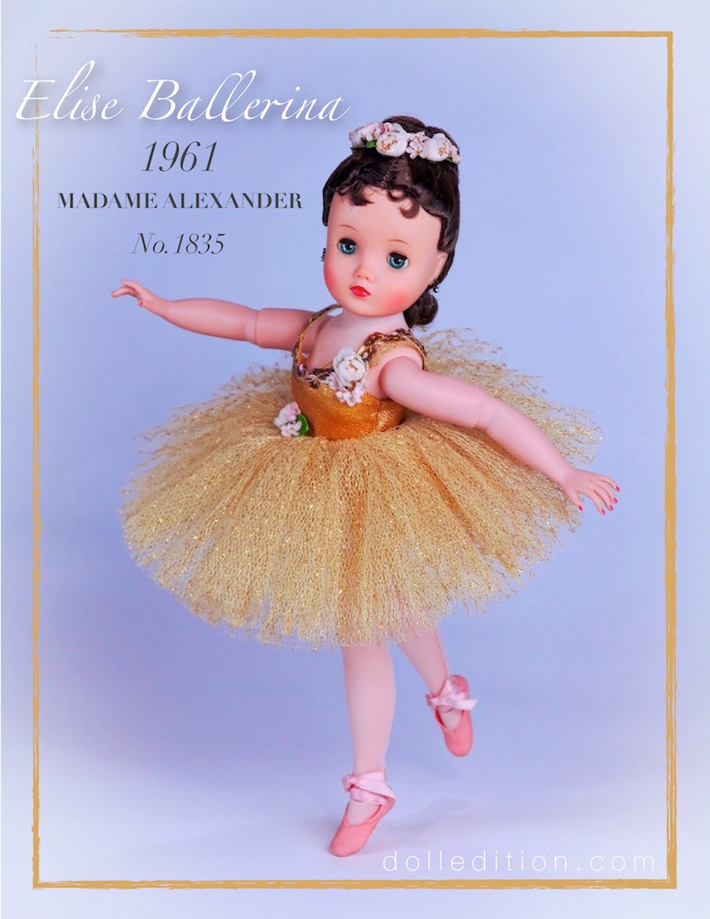 Elise, 16-1/2" hard plastic with posable vinyl arms and adjustable legs and ankles - quite a bit of engineering for one doll! Barbie, just introduced in 1959, was making it challenging for the other doll manufactures to compete. These wonderful dolls of the golden era of the Alexander Doll Company were not in demand like they were in the 1950s era of dolls.
