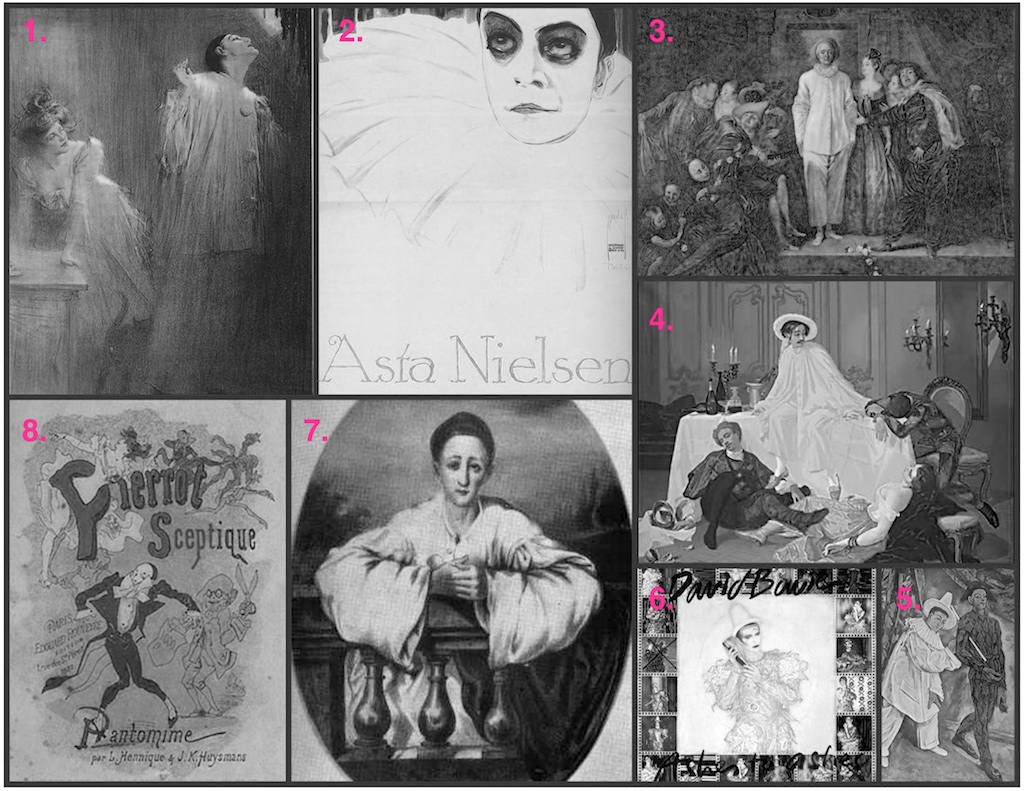 From top left, clockwise: 1. Poster by Charles Léandre , 1899. 2. Pierrot in Urban Gad 's Behind Comedy's Mask (1913). Poster by Ernst Deutsch-Dryden. 3. Antoine Watteau : Italian Actors , c. 1719. 4. Thomas Couture : The Supper after the Masked Ball , c. 1855. 5. Paul Cézanne : Pierrot and Harlequin , 1888 6. David Bowie as Pierrot on cover of " Ashes to Ashes " single, 1980 7. Auguste Bouquet: Jean-Gaspard Deburau , c. 1830 8. Title-page of Hennique and Huysmans ' Pierrot the Skeptic , 1881