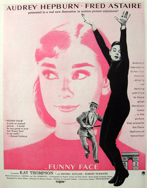 Audrey Hepburn, previously a struggling ballerina, helped Hubert de Givenchy translate many elements of ballet into his own designs. While Givenchy custom designed all of Hepburn's Paris wardrobe for the movie, Edith Head, darling of Hollywood studio costume design, got the Oscar. Hepburn got Edith Head replaced in favor of Givenchy after the opening costumes were already in production — one of fashions most famous collaboration of muse and designer was born! Jacqueline Kennedy was a huge fan of Audrey Hepburn and Givenchy, and wore his clothes — even having her signature designer Oleg Cassini copy line for line some of Givenchy's designs.