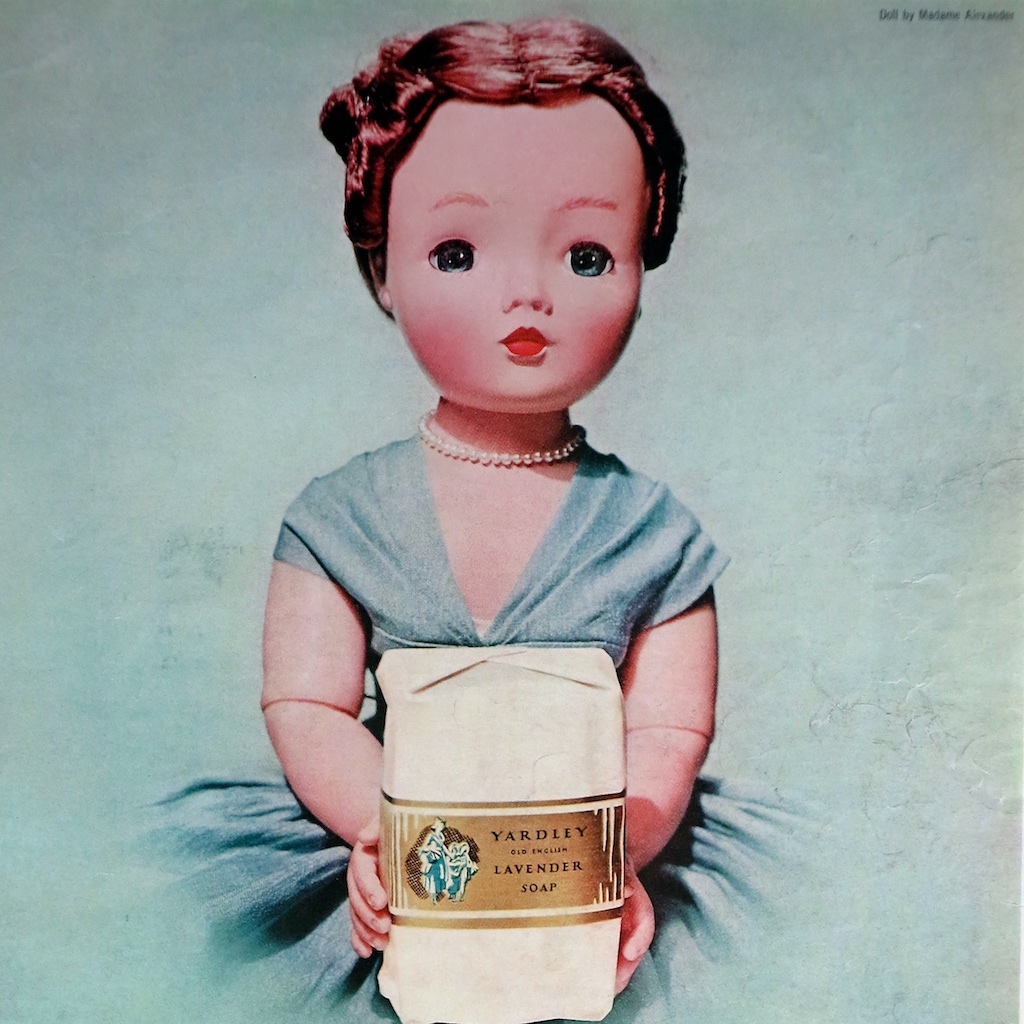 Some dolls got new products to promote but the same costume and pose — lavender is the keyword in all things Yardley.